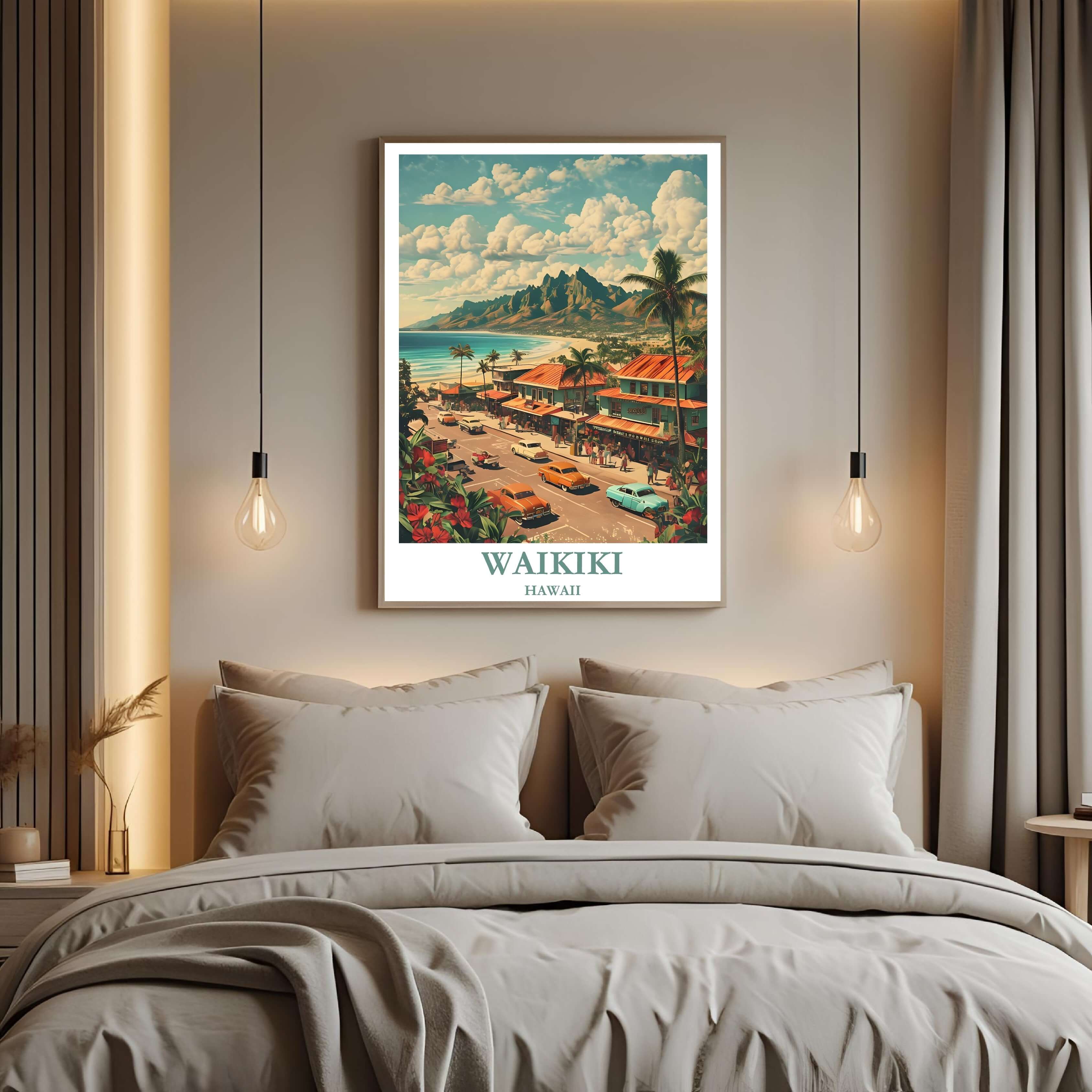 A framed art print depicting the beautiful Waikiki beach and mountain view, styled to complement a sophisticated, coastal-themed interior design.
