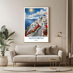 A framed art print depicting the serene Santorini landscape, styled as a chic accent piece in a minimalist or coastal-themed living room.