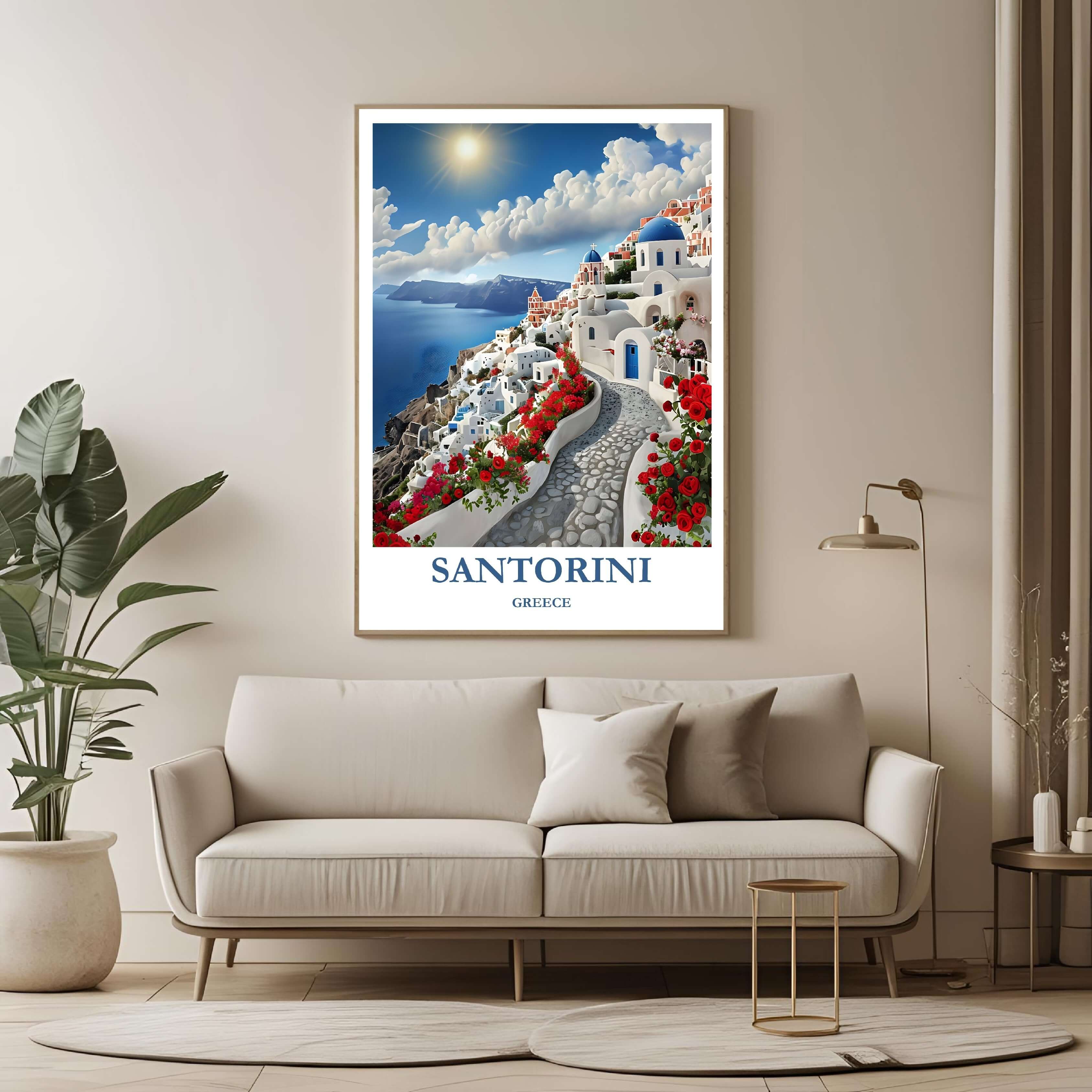 A framed art print depicting the serene Santorini landscape, styled as a chic accent piece in a minimalist or coastal-themed living room.