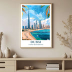  A framed art print depicting the vibrant Dubai skyline and beach, styled to complement a light and airy, cosmopolitan interior.