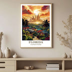 A framed art print depicting the vibrant Florida tropical scene and city skyline, styled to complement a light and resort-like interior.