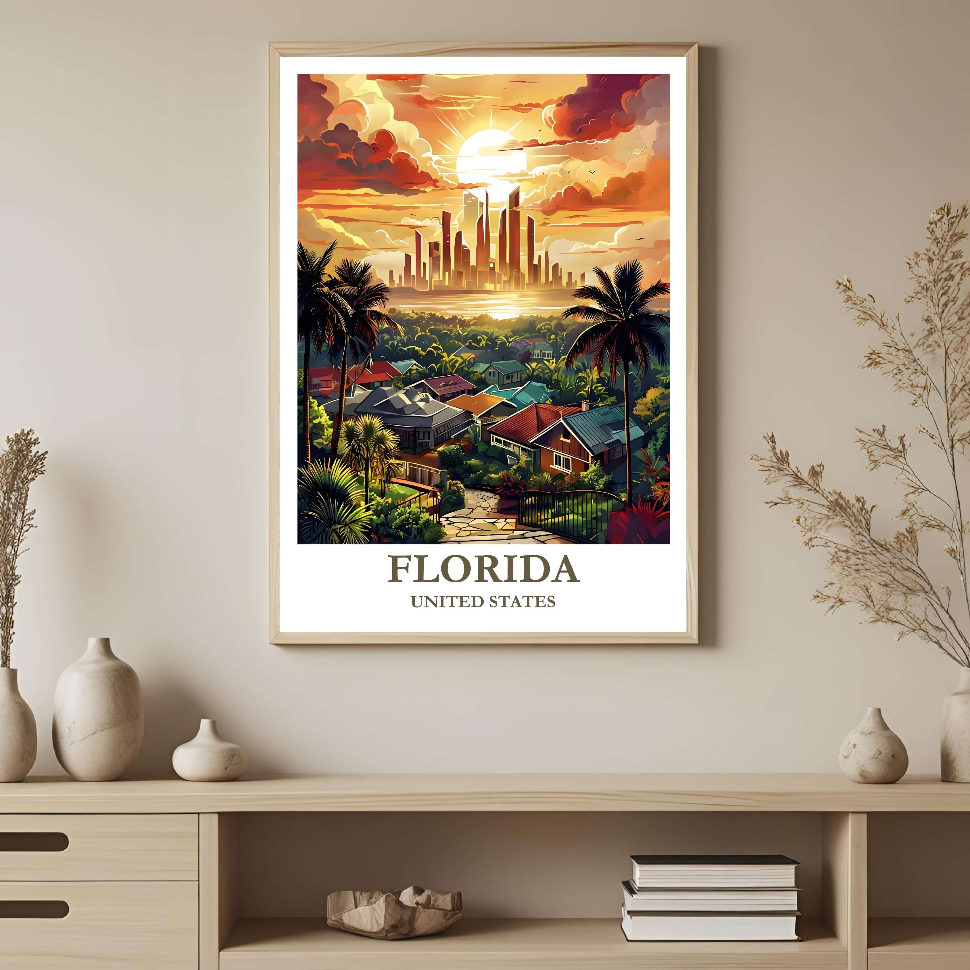 A framed art print depicting the vibrant Florida tropical scene and city skyline, styled to complement a light and resort-like interior.