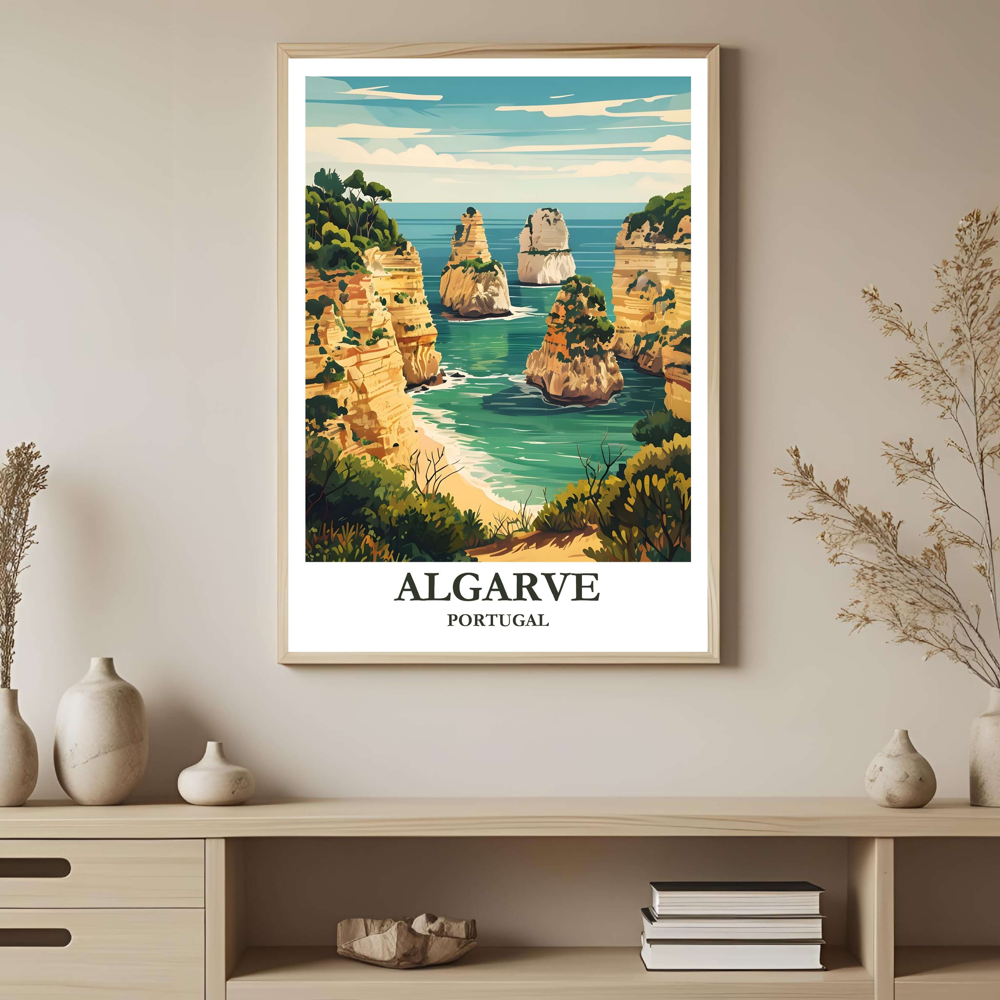 A framed art print with an illustrated scene of the Algarve's coastal beauty, styled to complement a light, airy, and coastal-themed interior.