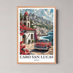 A framed illustration of the Mexican coast with a rustic red oak wood frame, highlighting the warm, sun-drenched colors.