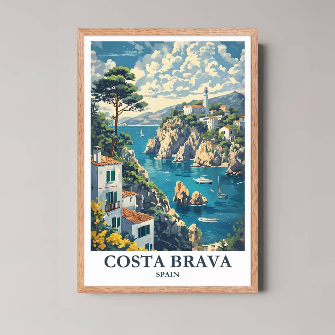 A framed illustration of the Spanish coast with a rustic red oak wood frame, highlighting the warm, natural tones of the cliffs.