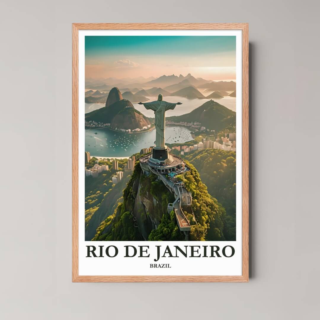 A framed illustration of the Christ the Redeemer view with a rustic red oak wood frame, highlighting the warm, golden light across the landscape.