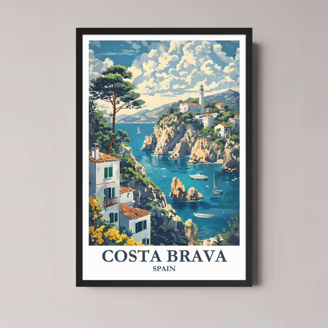 A framed, vibrant illustration of the Costa Brava coastline with a classic black frame, featuring a lighthouse and turquoise water.