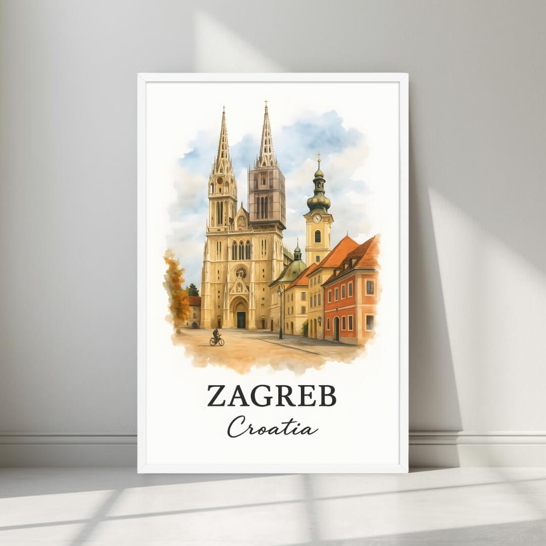 Watercolor-style print of the soaring Zagreb spires and colorful buildings in a minimalist white frame. Captures the Central European architectural history.