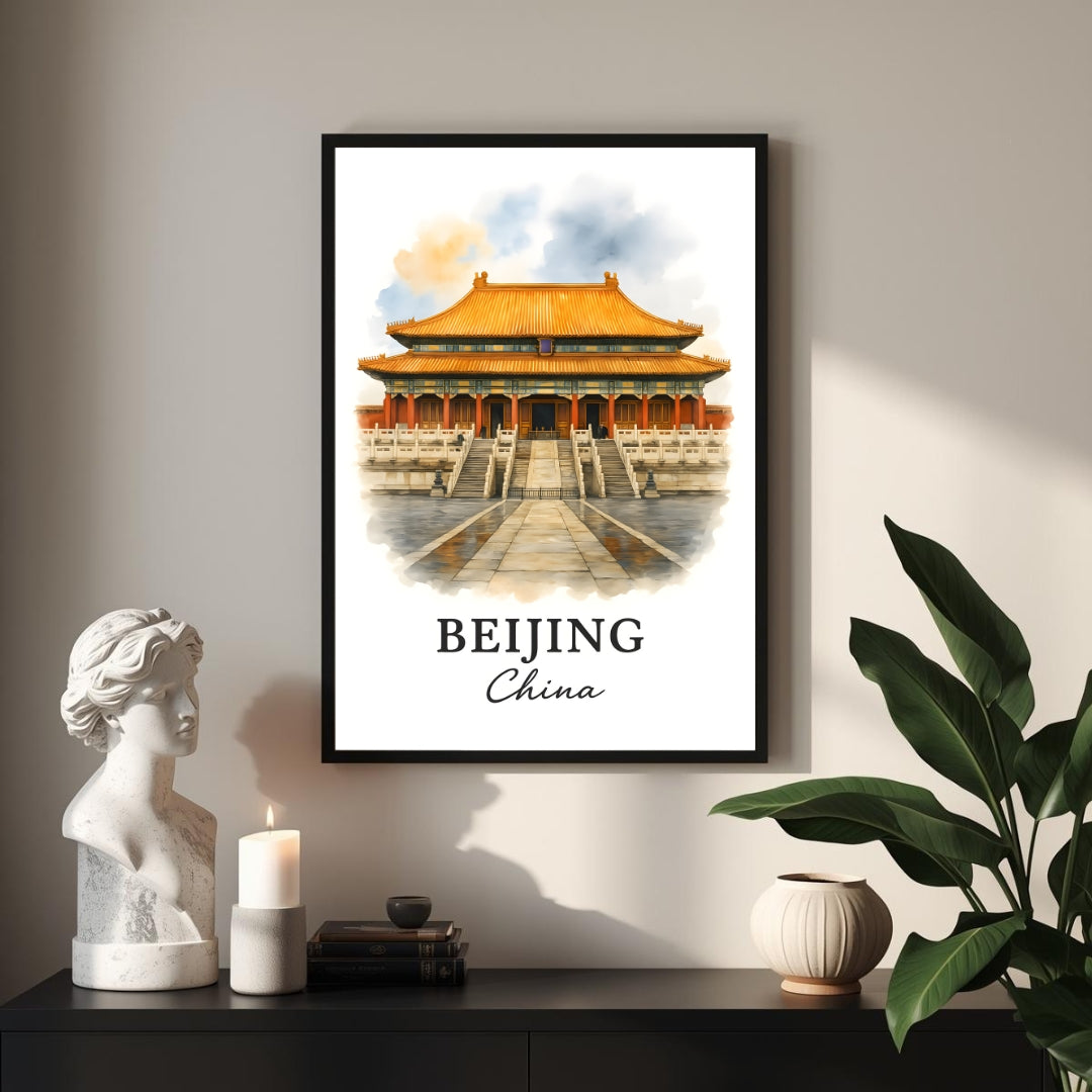 Angled shot of the framed Beijing print with a tag, promoting it as an ideal unique travel gift for history and China enthusiasts.