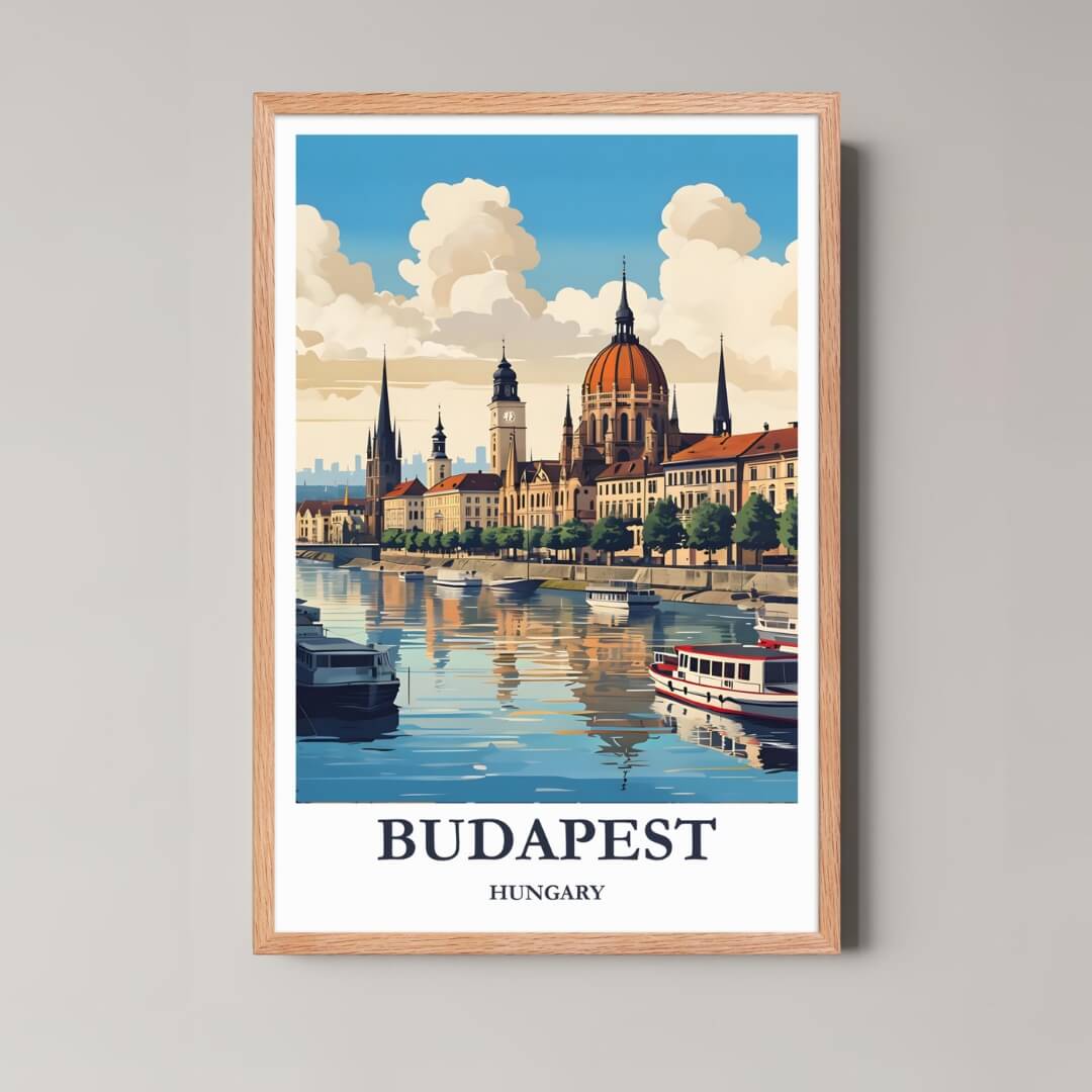A framed illustration of Budapest's grand architecture and river view with a rustic red oak wood frame, highlighting the historical charm.