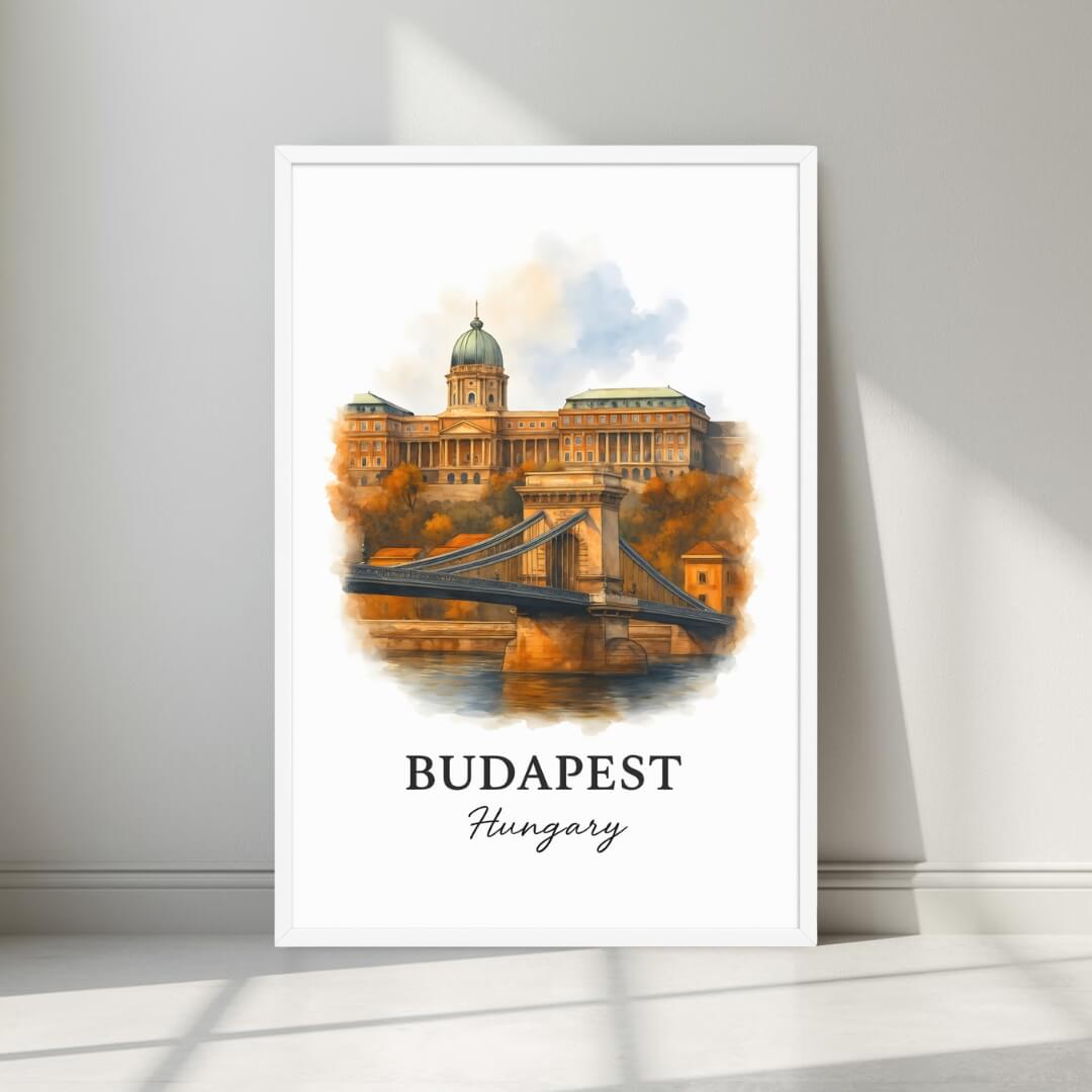 Watercolor-style print of the iconic Budapest view in a minimalist white frame. Captures the historical unity of Buda and Pest.