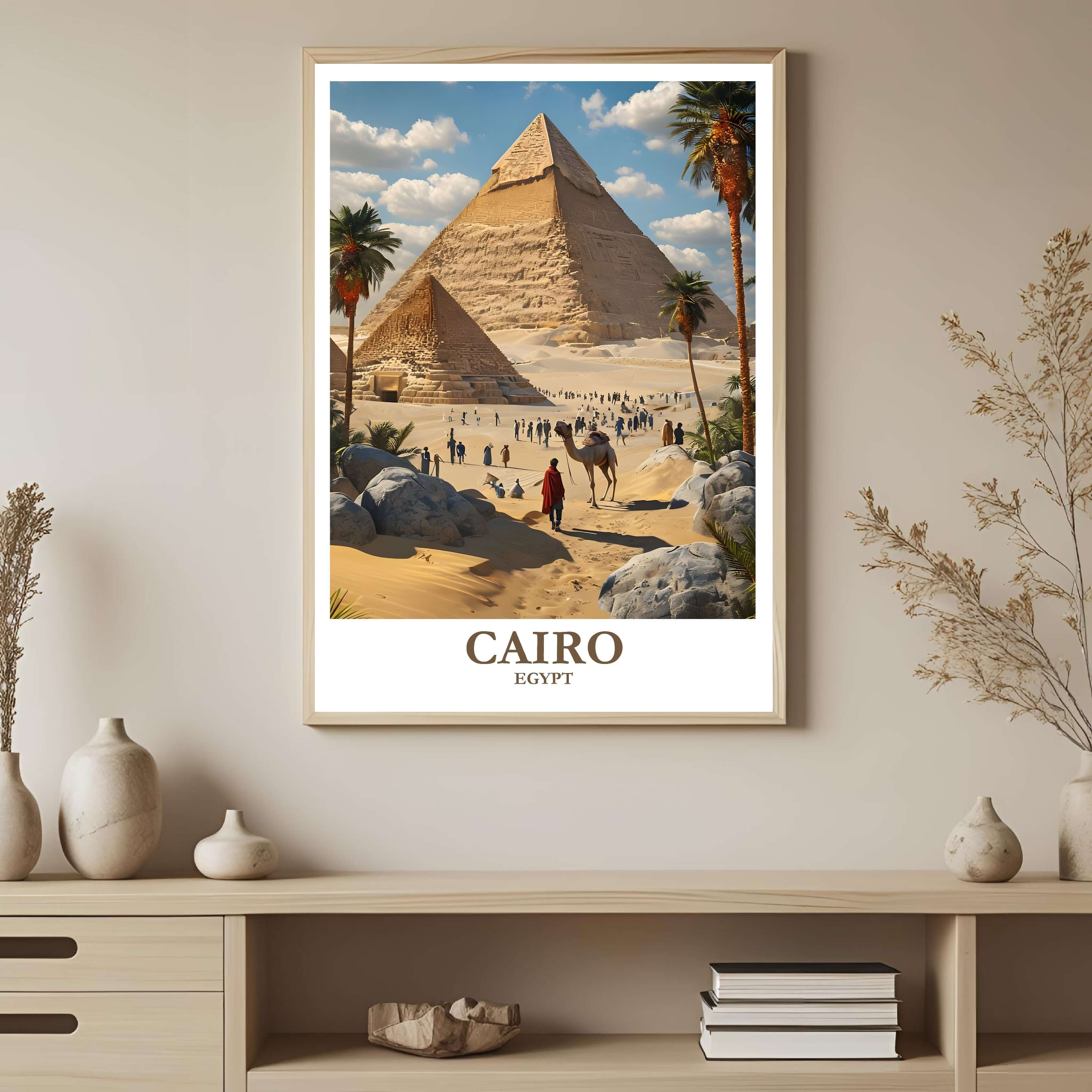 A framed art print depicting the stunning Giza Pyramids and desert landscape, styled to complement a light and airy, adventure-themed interior.