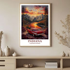 A framed art print depicting the vibrant mountain lake sunset in Indiana, styled to complement a moody and elegant interior.