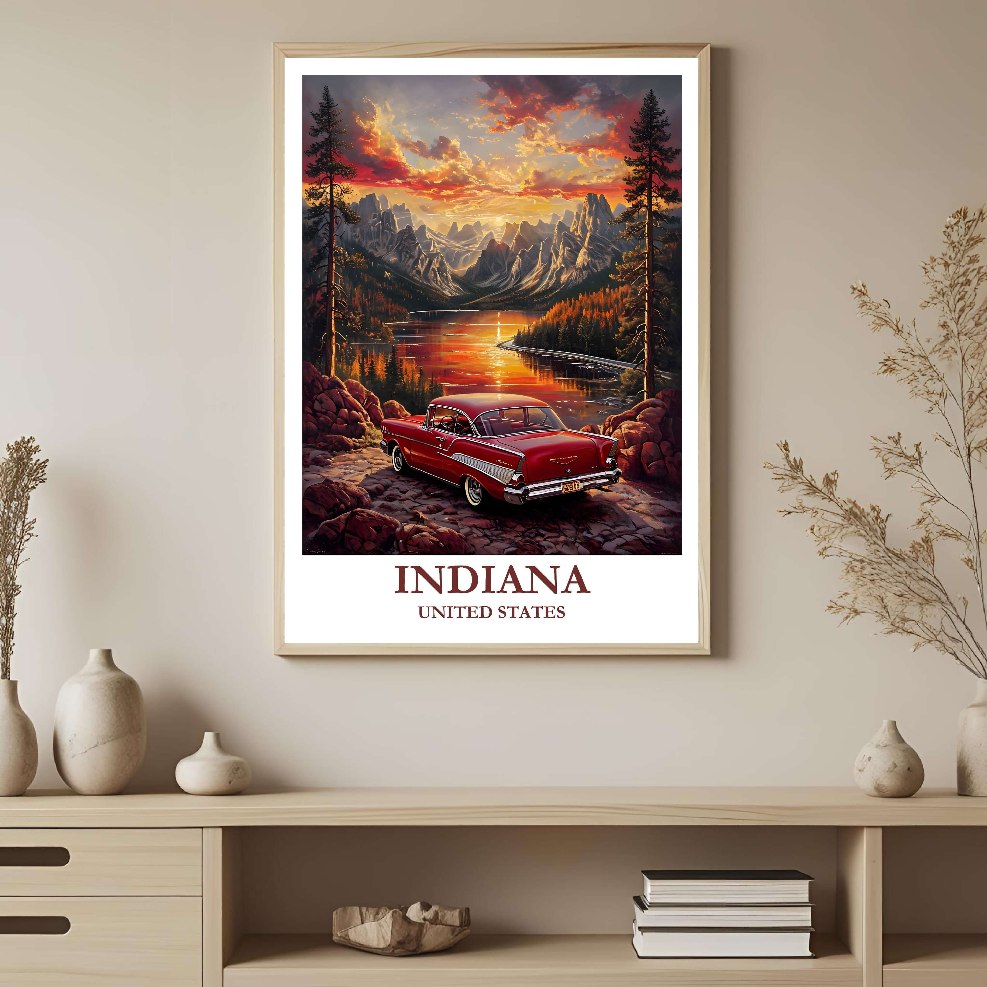 A framed art print depicting the vibrant mountain lake sunset in Indiana, styled to complement a moody and elegant interior.