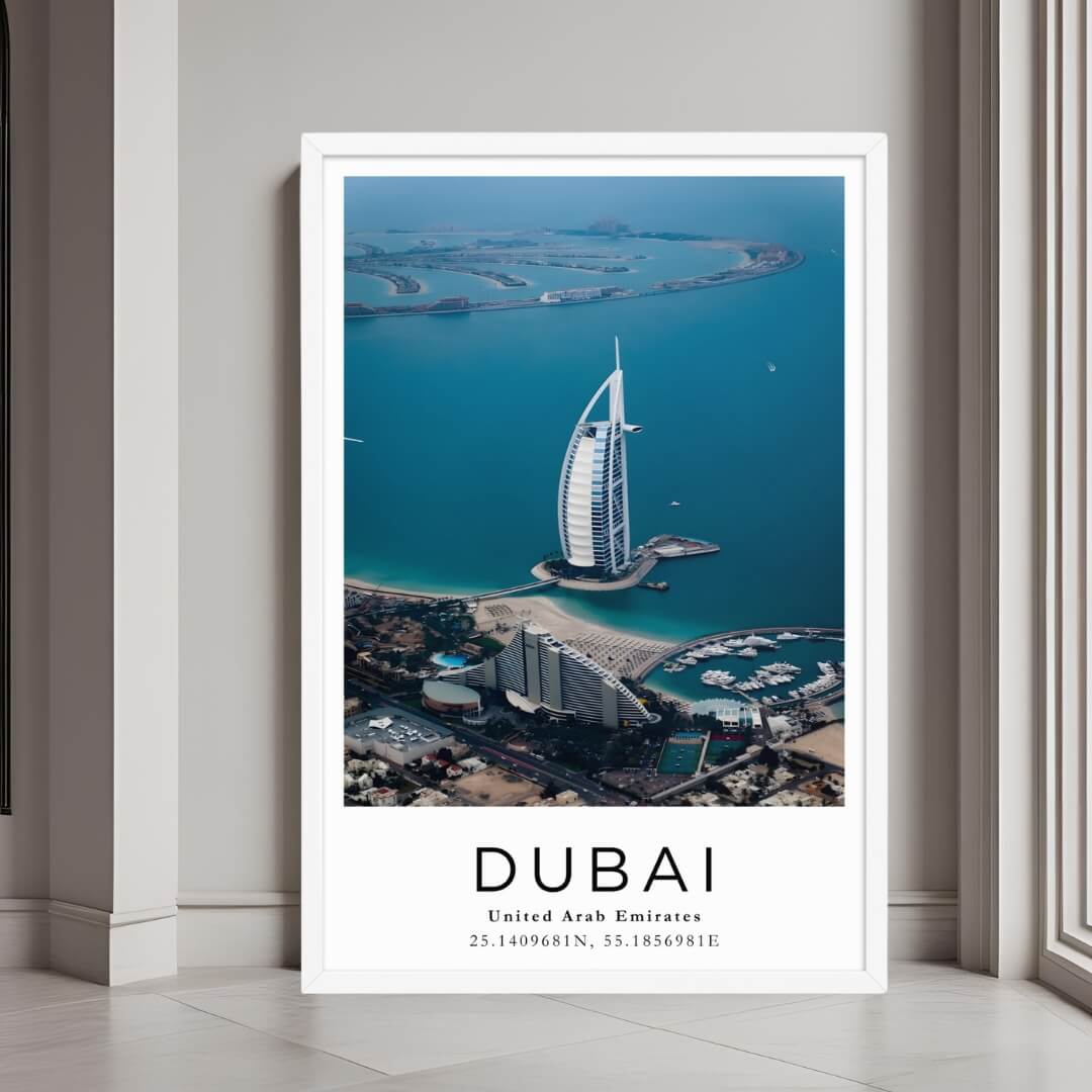  A framed wall art print of the Dubai coastline featuring the Burj Al Arab, with a minimalist white frame.