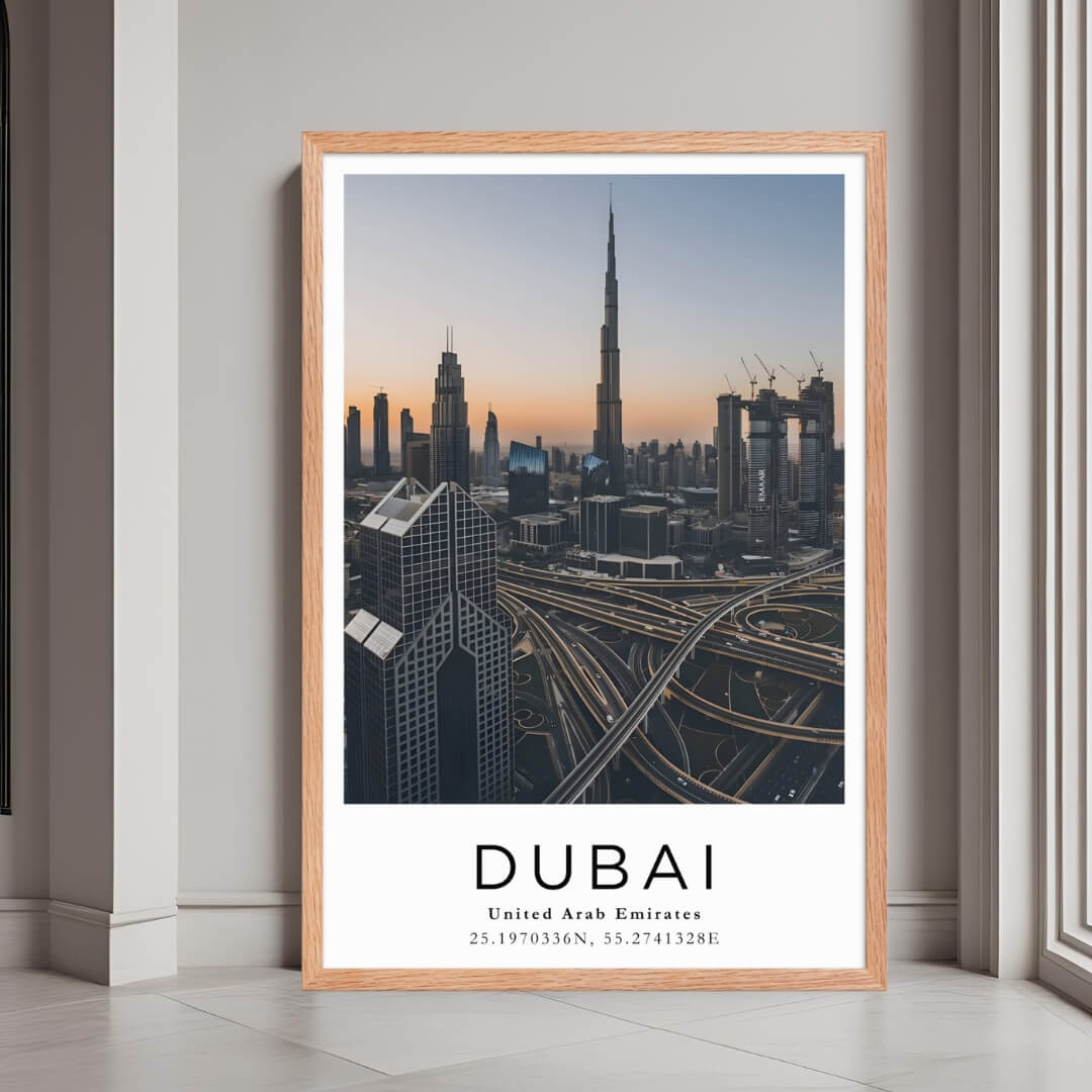 A framed poster of the Dubai skyline at sunset with a red oak wood frame, styled in a luxurious modern interior.