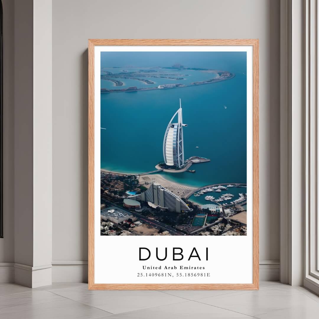  A framed poster of the Burj Al Arab in Dubai, UAE, with a red oak wood frame, styled in a luxurious modern interior.