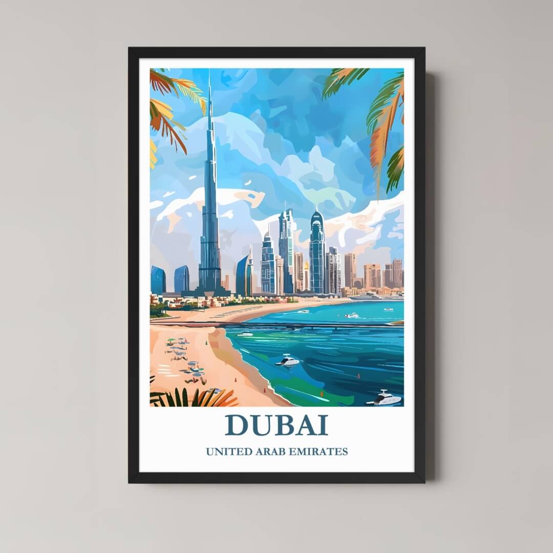 A framed, vibrant illustration of the Dubai skyline with a classic black frame, featuring the Burj Khalifa and a sunny beach scene.