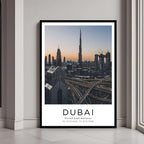 A framed art print of the Dubai skyline with a classic black frame, adding a sleek and elegant touch to home decor.