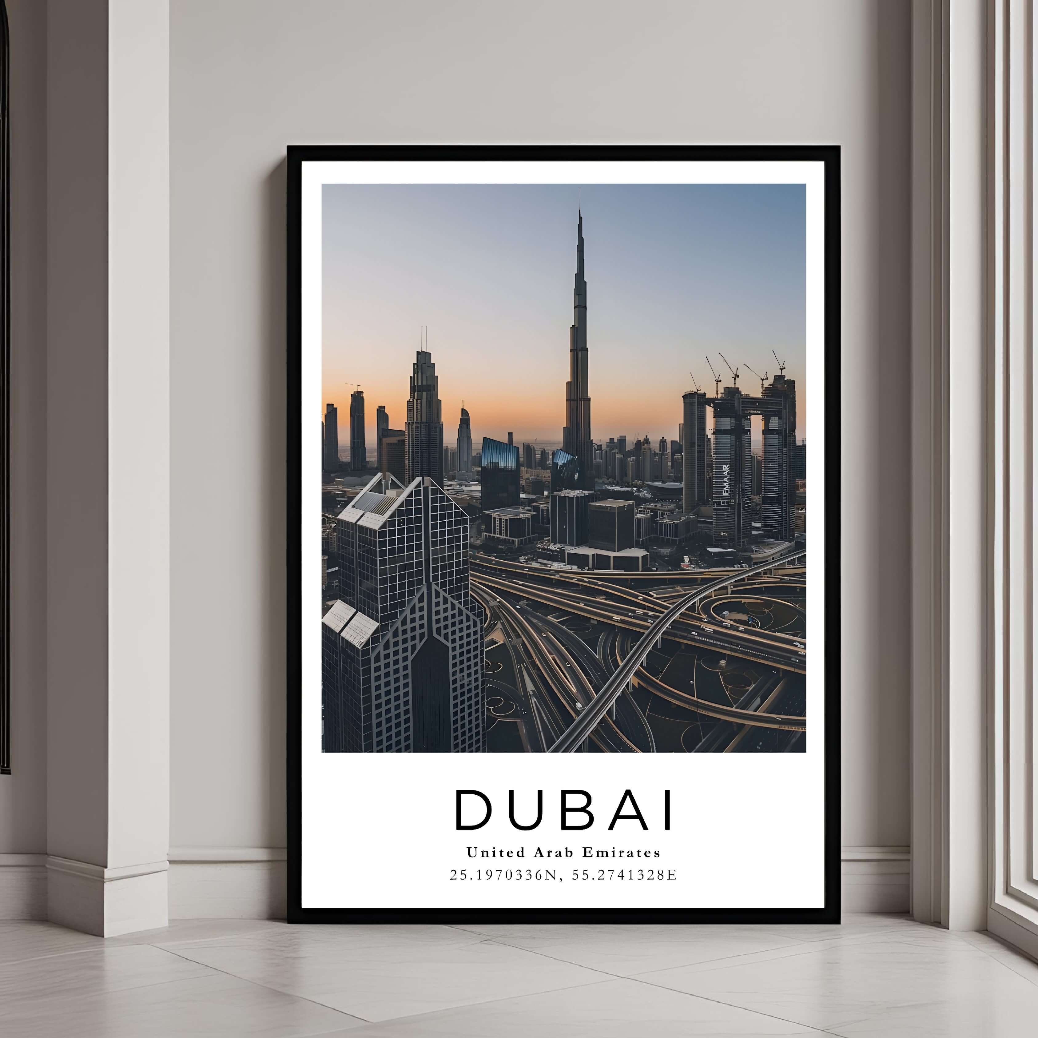 A framed art print of the Dubai skyline with a classic black frame, adding a sleek and elegant touch to home decor.