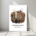 Watercolor-style print of the historic Amsterdam gabled houses in a minimalist white frame. Captures the tranquil atmosphere of the city's waterways.