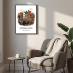 Framed Amsterdam print displayed as part of a curated European gallery wall. Shows seamless integration into luxury decor collections.