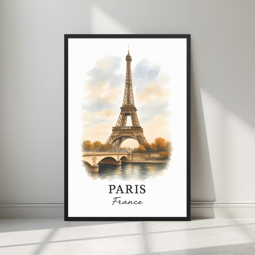 Framed art print of the iconic Eiffel Tower and a bridge over the Seine in a sleek black Ayous wood frame. Ideal for luxury French or romantic decor.