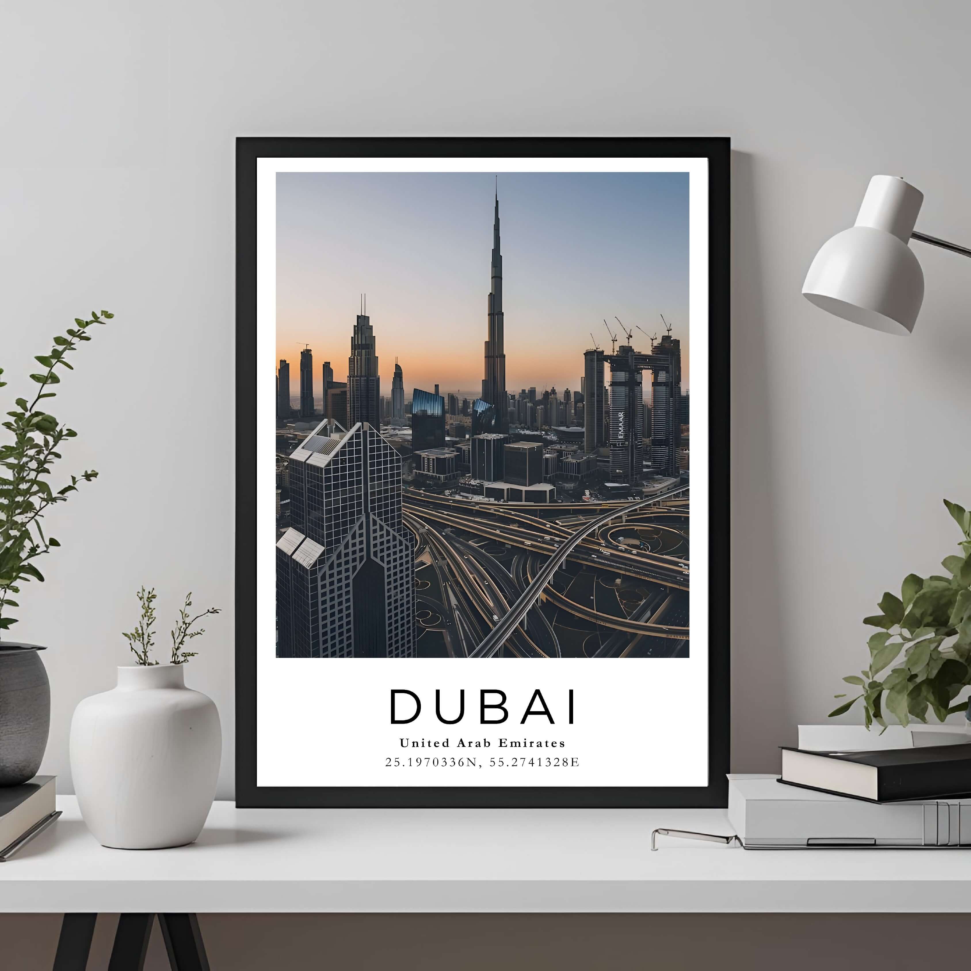 A framed travel poster of the Dubai skyline displayed on an office wall, adding an element of professional sophistication.