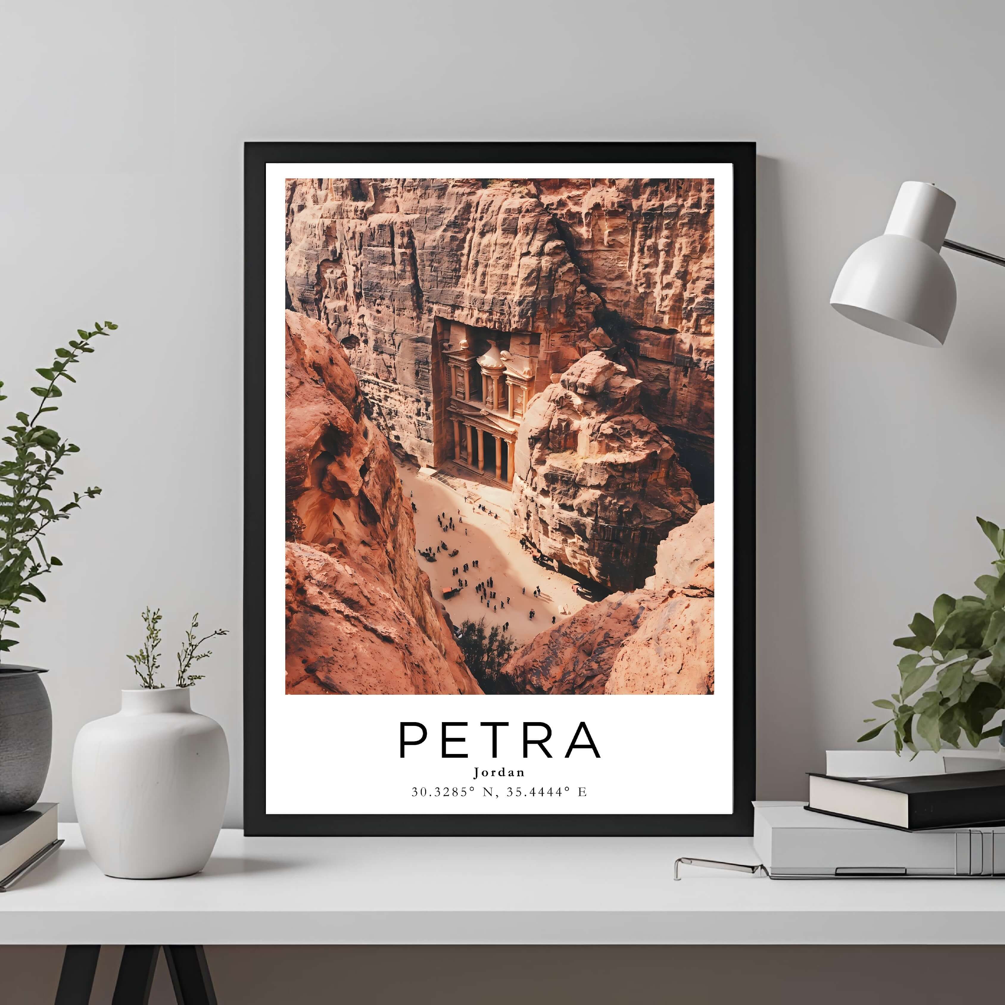 A framed travel poster of Petra displayed on an office wall, adding an element of professional and artistic flair.