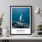 A framed travel poster of Dubai and the Burj Al Arab displayed on an office wall, adding an element of professional sophistication.