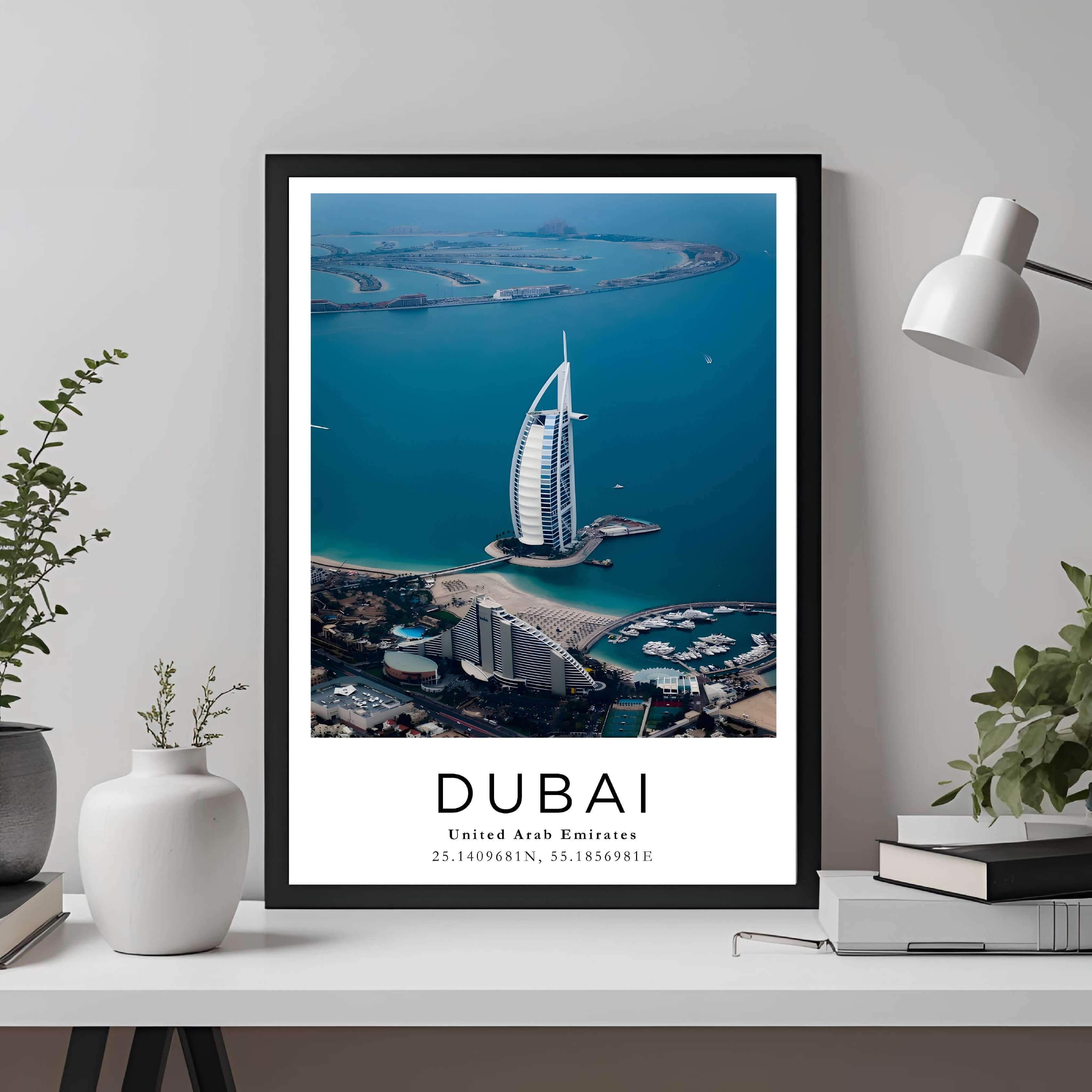 A framed travel poster of Dubai and the Burj Al Arab displayed on an office wall, adding an element of professional sophistication.