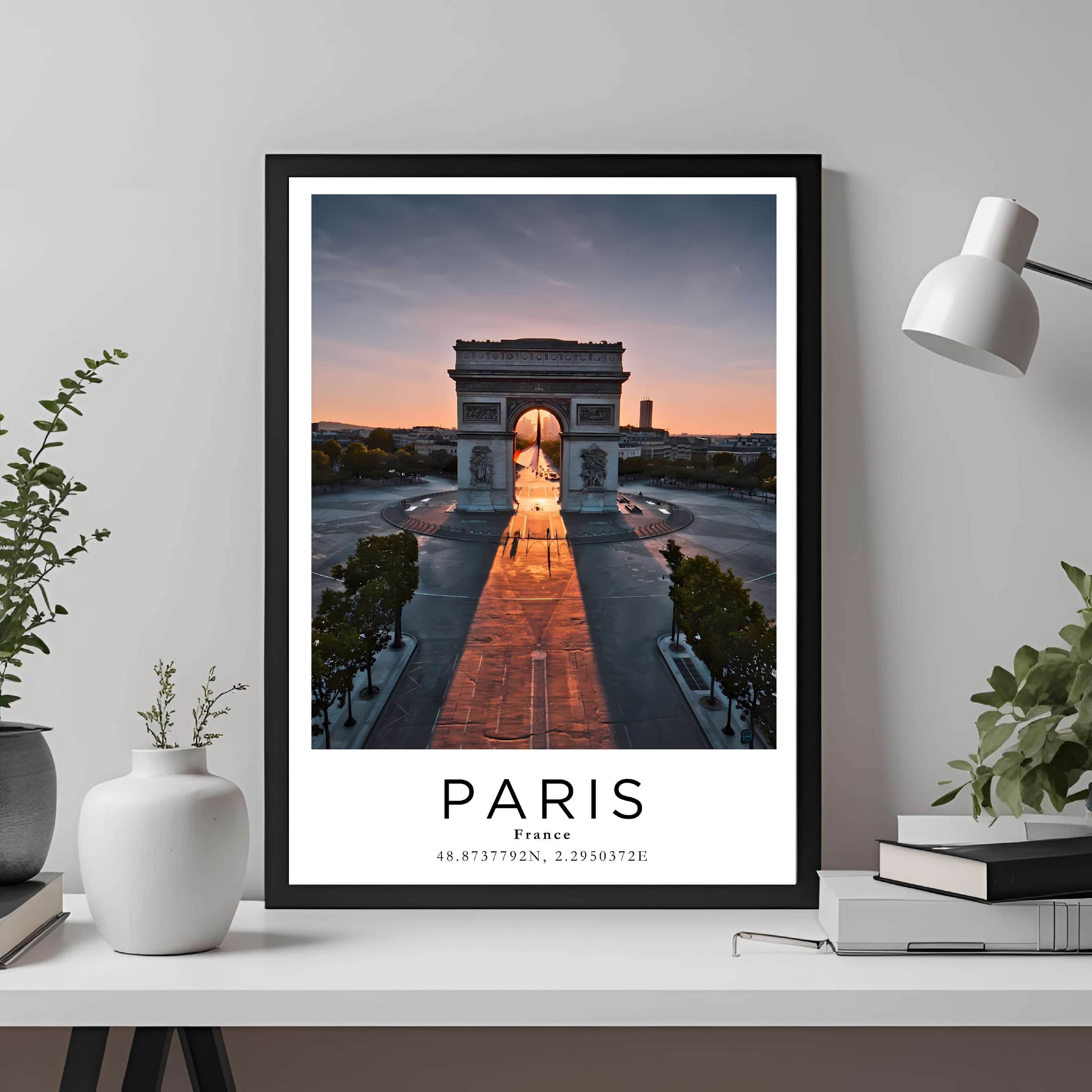 A framed travel poster of Paris displayed on an office wall, adding an element of professional and artistic flair.