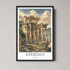 A framed, vibrant illustration of the ancient city of Ephesus, Turkey, with a classic black frame, featuring majestic Roman ruins and columns.