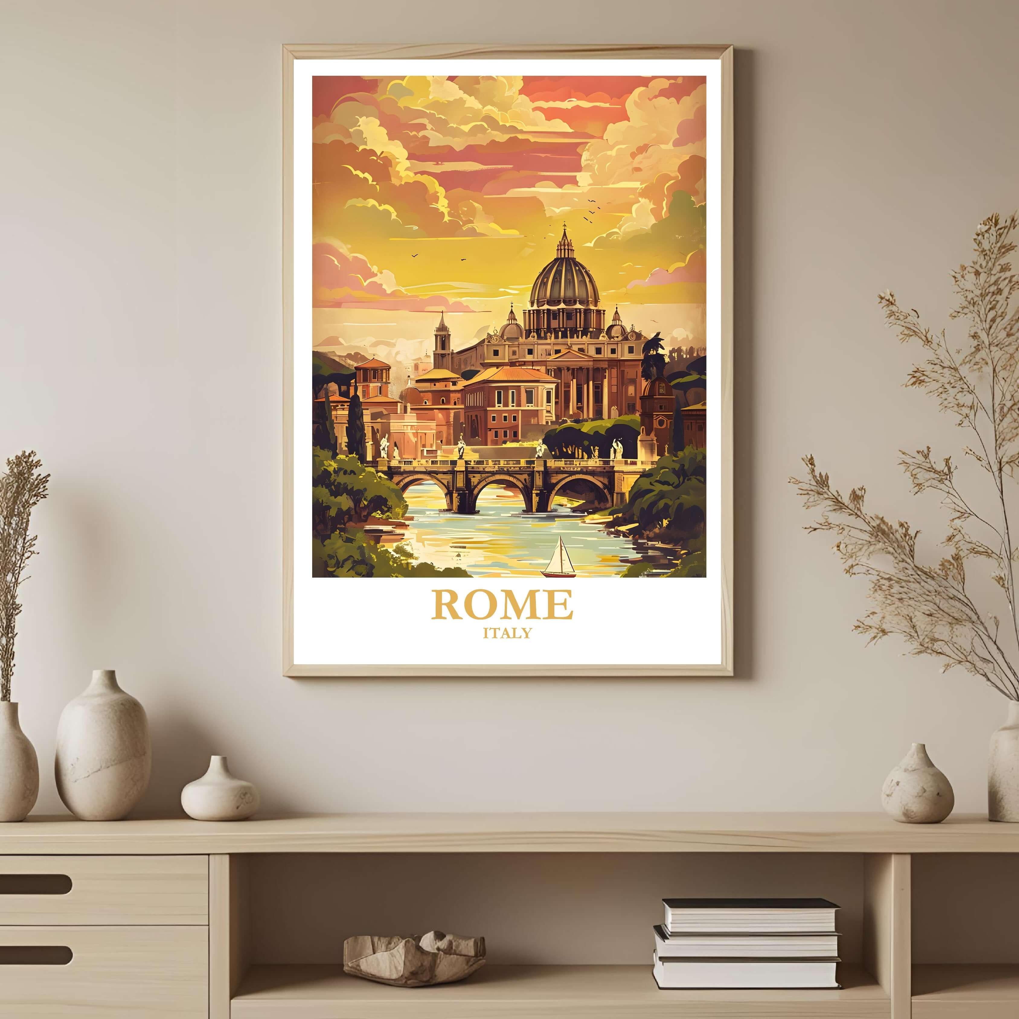 A high-quality framed poster featuring the name ROME, ITALY and the city's famous architectural landmark, perfect for a travel gift.