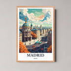 A framed illustration of the Madrid scene with a rustic red oak wood frame, highlighting the warm autumn colors and architectural detail.