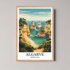 A framed illustration of the Algarve with a rustic red oak wood frame, highlighting the warm tones of the cliffs.