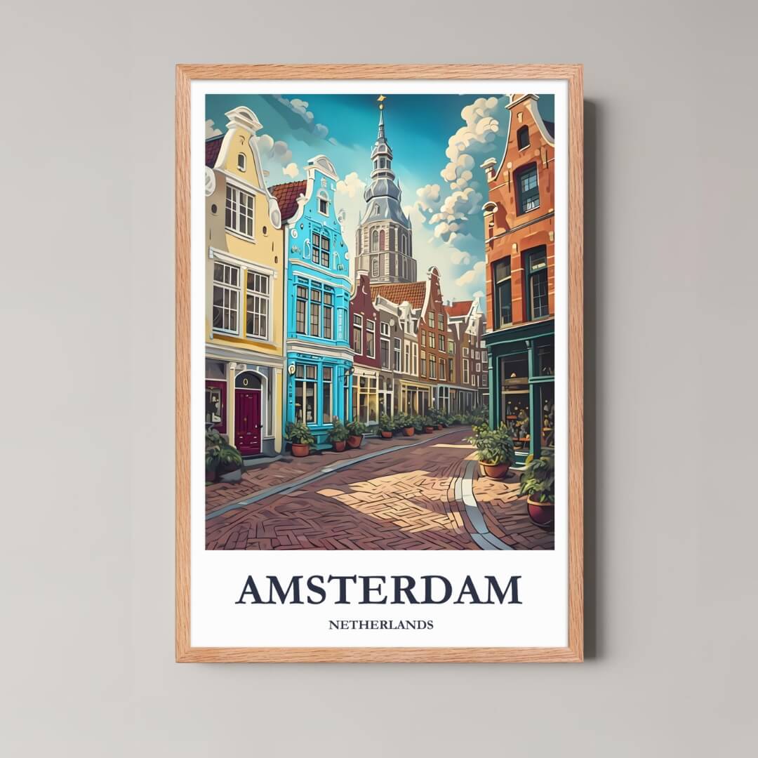A framed illustration of Amsterdam with a rustic red oak wood frame, highlighting the charming cityscape.