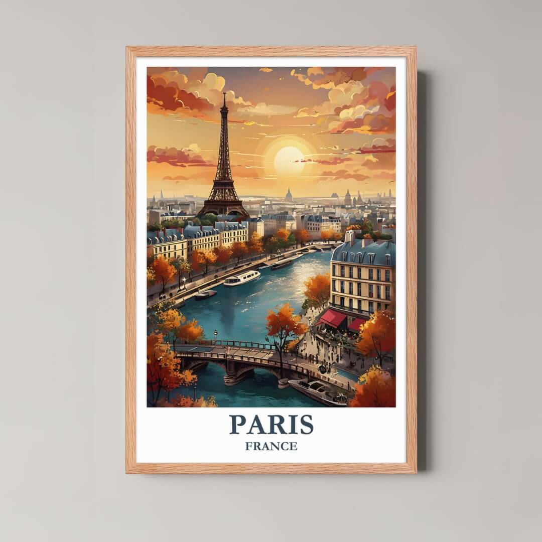 A framed illustration of Paris with a rustic red oak wood frame, highlighting the city's artistic and historical charm.