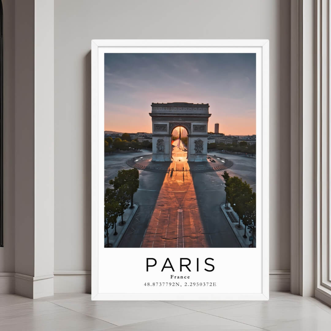 A framed wall art print of the Arc de Triomphe and surrounding square with a minimalist white frame.