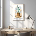 Framed Statue of Liberty art displayed in an office or study. Adds a sophisticated, inspiring, and powerful atmosphere.