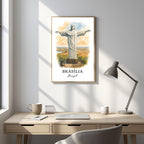Framed Rio de Janeiro seascape art with the Christ statue, used in an executive or home office. Adds a sophisticated and inspiring global touch.