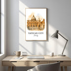 Framed St. Peter's Basilica art displayed in an office or study. Adds a sophisticated, cultural, and inspiring atmosphere.