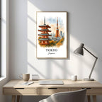 Framed Tokyo 101 Tower and Pagoda print hanging on a curated gallery wall in a professional or executive office space.