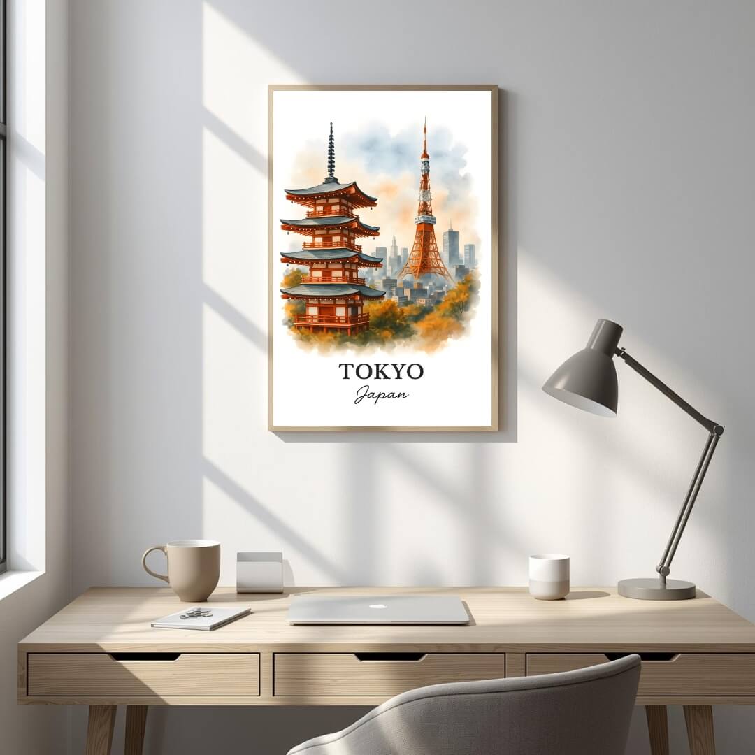 Framed Tokyo 101 Tower and Pagoda print hanging on a curated gallery wall in a professional or executive office space.