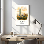Framed Taipei art print displayed in an executive or home office. Enhances the space with a dynamic, sophisticated, Asian-inspired aesthetic.