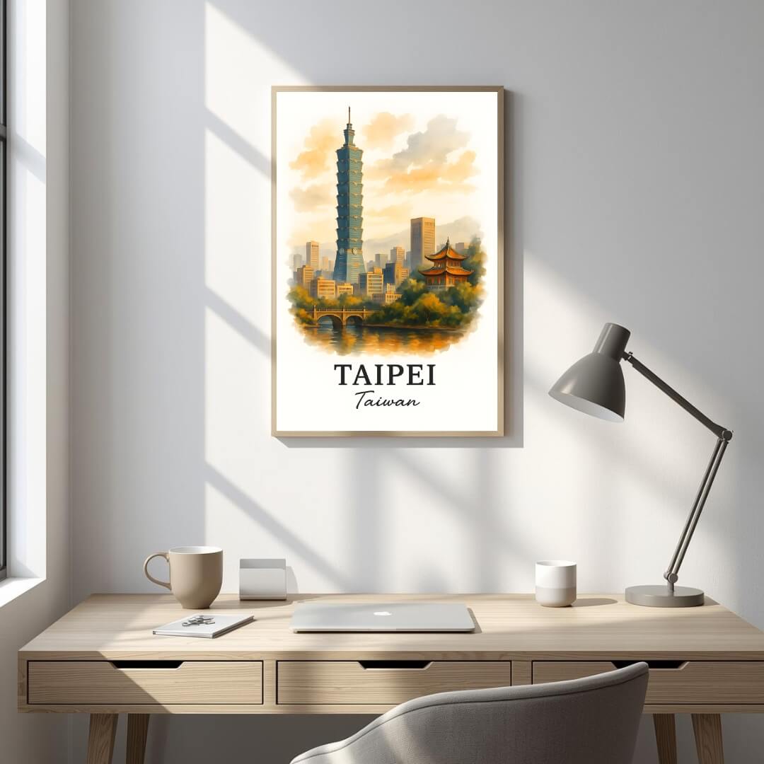Framed Taipei art print displayed in an executive or home office. Enhances the space with a dynamic, sophisticated, Asian-inspired aesthetic.