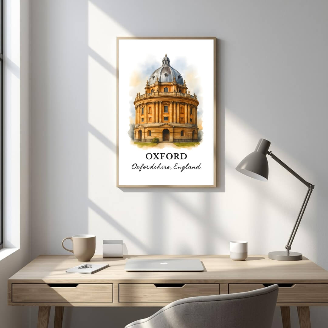 Large framed Oxford print hung in an executive office or study. Functions as an elegant centerpiece showcasing Baroque architectural art.