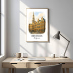 Framed Grand-Place art displayed in an office or study. Adds a sophisticated, cultural, and commanding atmosphere.