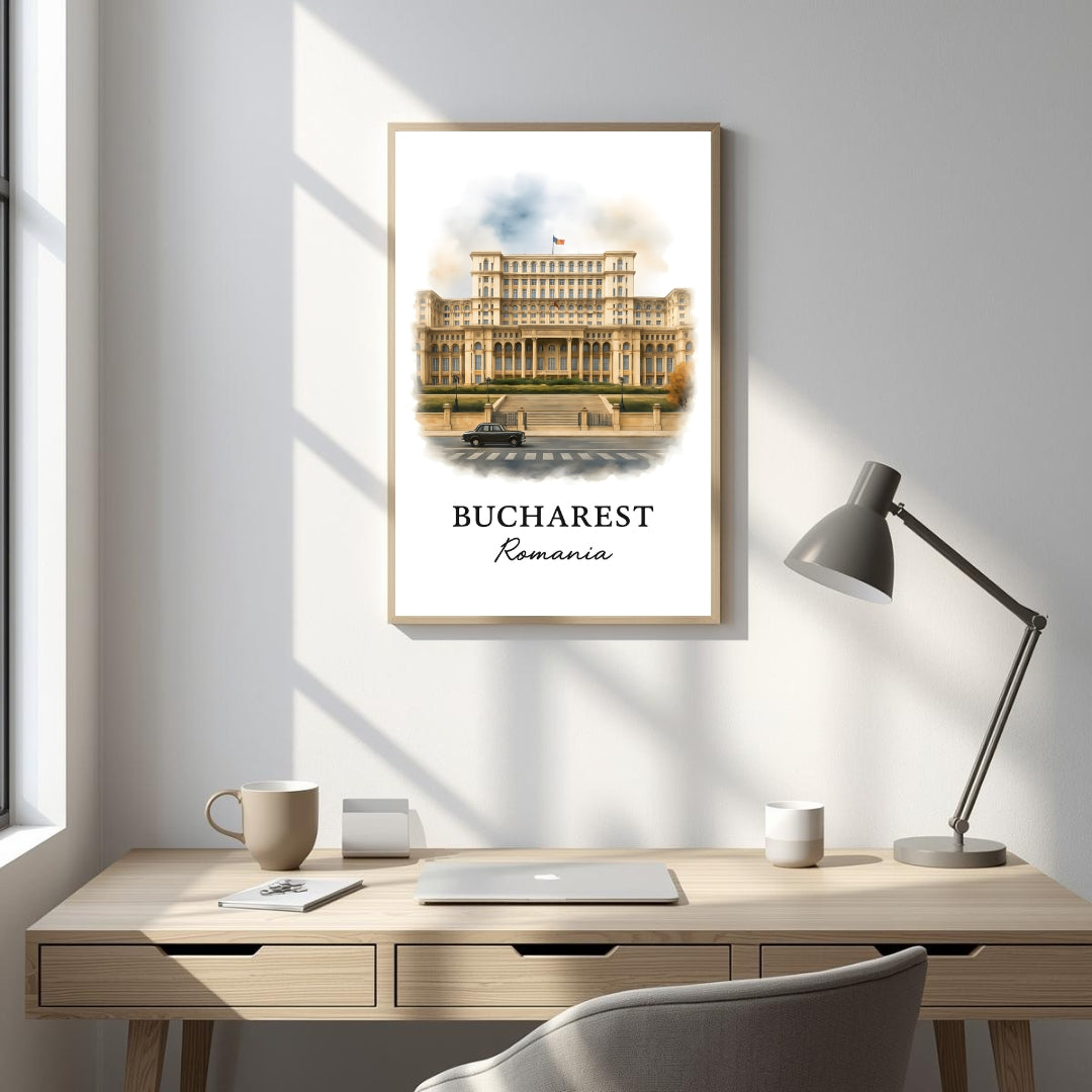 Framed Palace of the Parliament art displayed in an executive office or high-end study. Adds a powerful architectural statement.