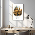 Framed Berliner Dom art displayed in an office or study. Adds a sophisticated, cultural, and commanding atmosphere.